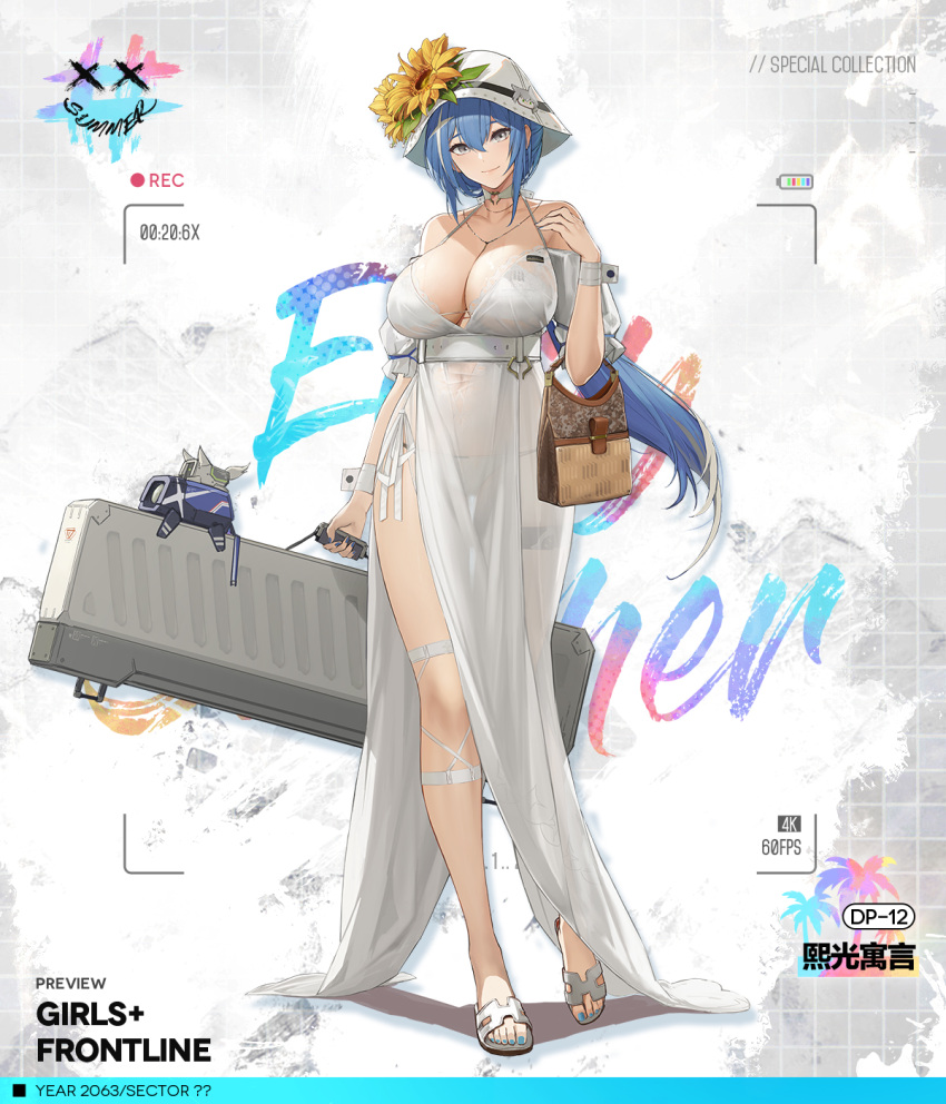 1girl bag bare_shoulders bikini blue_hair blue_nails breasts brown_bag camera_phone character_name cleavage closed_mouth collarbone commentary commentary_request copyright_name dinergate_(girls'_frontline) dp-12_(girls'_frontline) dress english_commentary eyebrows_visible_through_hair floor flower_hat girls'_frontline grey_eyes hand_up hat highres holding holding_bag holding_case jewelry large_breasts legs long_hair looking_at_viewer multicolored_hair nail_polish necklace official_art pandea_work sandals simple_background smile solo standing summer sun_hat swimsuit toenails viewfinder weapon_case white_bikini white_dress white_headwear white_swimsuit