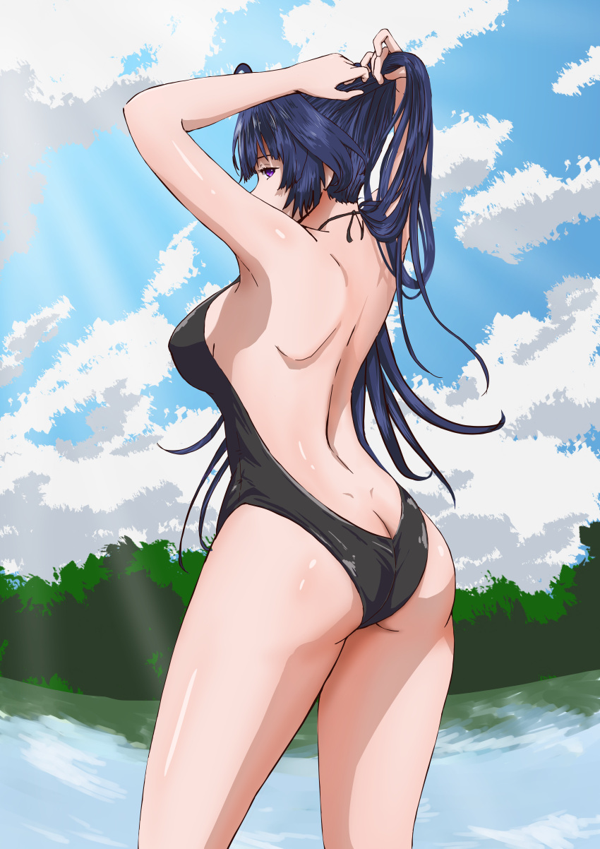 1girl absurdres antenna_hair arms_behind_head ass back bangs black_hair black_swimsuit blue_sky breasts butt_crack cloud cloudy_sky defaultkavy hair_between_eyes highres honkai_(series) honkai_impact_3rd long_hair looking_at_viewer looking_back outdoors ponytail purple_eyes raiden_mei sideboob sky slingshot_swimsuit solo swimsuit water