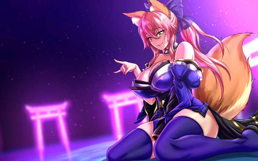 1girl absurdres animal_ear_fluff animal_ears blue_kimono blue_legwear breasts commission detached_sleeves fate/grand_order fate_(series) fox_ears fox_girl fox_shadow_puppet fox_tail highres huge_breasts japanese_clothes kimono long_hair pink_hair short_kimono sidelocks sitting smile solo tail tamamo_(fate)_(all) tamamo_no_mae_(fate) thighhighs twintails wariza yellow_eyes zantyarz