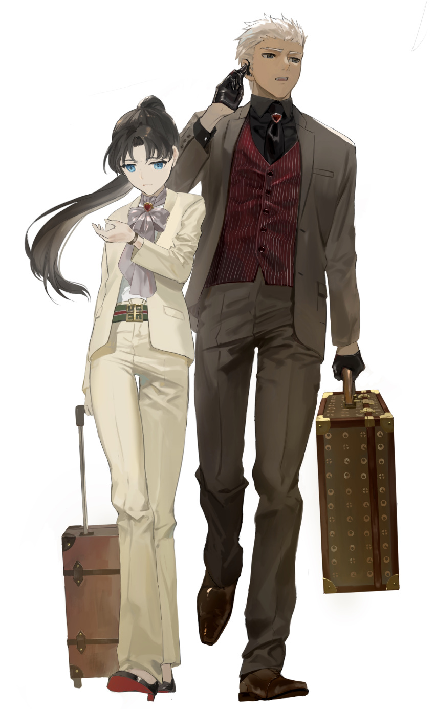 1boy 1girl absurdres archer_(fate) black_footwear black_gloves black_hair blue_eyes bow brown_footwear business_suit carrying dark-skinned_male dark_skin fate/stay_night fate_(series) formal gloves hataya headset highres long_hair looking_at_watch luggage pant_suit ponytail rolling_suitcase simple_background suit suitcase tohsaka_rin walking watch white_background white_bow white_hair wristwatch