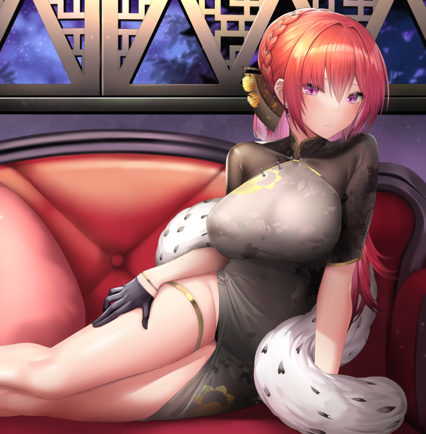 1girl azur_lane braid breasts china_dress chinese_clothes couch crown_braid dress earrings feather_boa feet_out_of_frame gloves gold_trim hair_between_eyes hair_fan hair_ornament half_gloves highres impossible_clothes impossible_dress indoors jewelry large_breasts light_blush long_hair looking_at_viewer mizuya_nao monarch_(azur_lane) monarch_(black_qipao)_(azur_lane) night official_alternate_costume on_couch purple_eyes red_hair short_sleeves side_slit solo