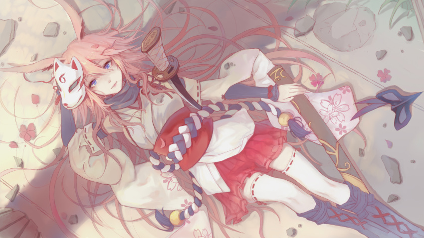 1girl animal_ears bangs boots closed_mouth fox_ears fox_mask from_above hair_between_eyes highres holding honkai_(series) honkai_impact_3rd katana long_hair looking_at_viewer lying mask on_back painttool_sai_(medium) pink_hair pink_skirt purple_eyes purple_footwear sheath shui_ran_moon skirt smile solo sword thighhighs weapon white_legwear yae_sakura yae_sakura_(gyakushinn_miko)