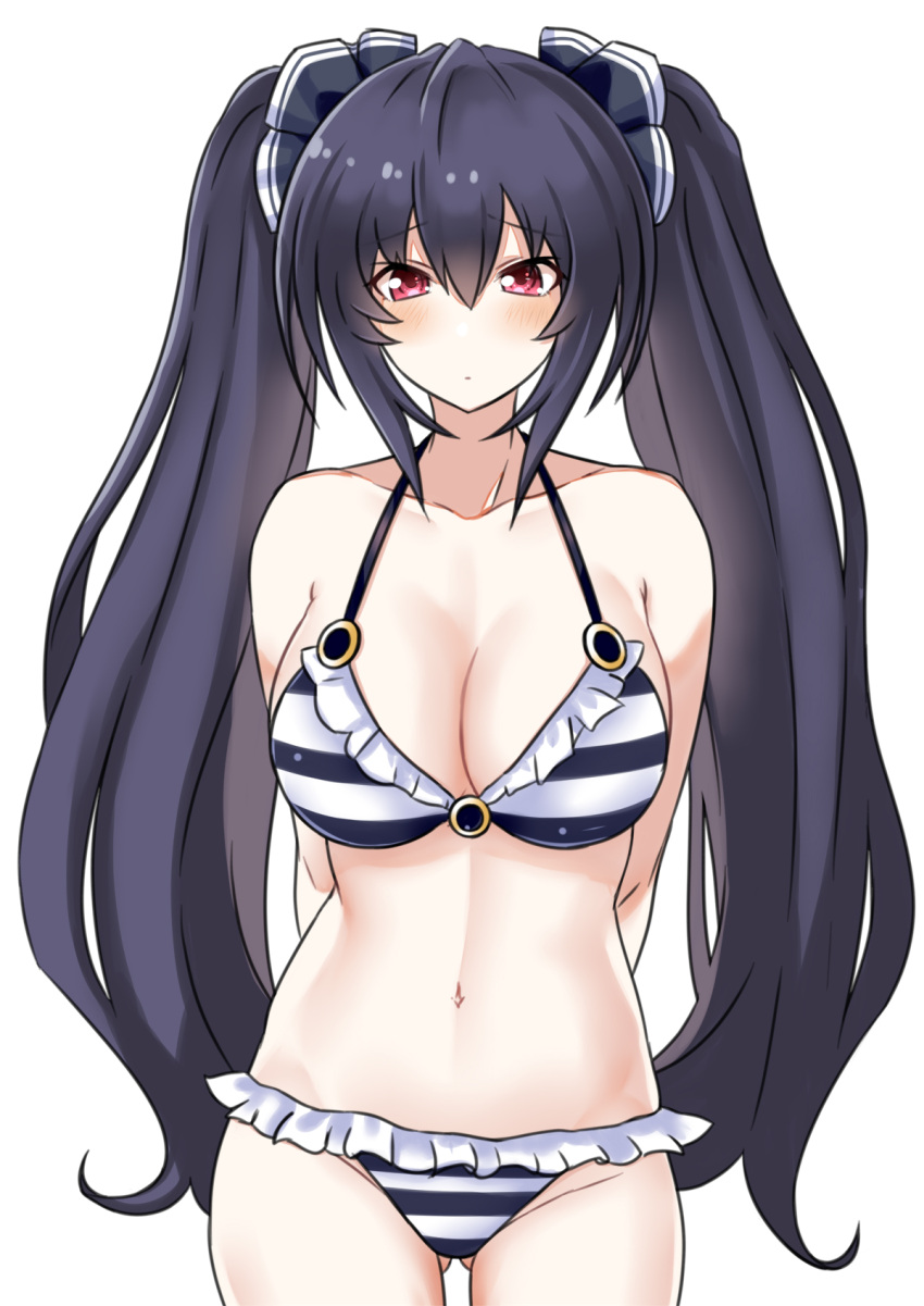 1girl bikini black_hair blush breasts cleavage commentary english_commentary hair_between_eyes hair_ribbon highres large_breasts long_hair looking_at_viewer navel neptune_(series) noire red_eyes ribbon solo striped striped_bikini swimsuit twintails very_long_hair zatsu