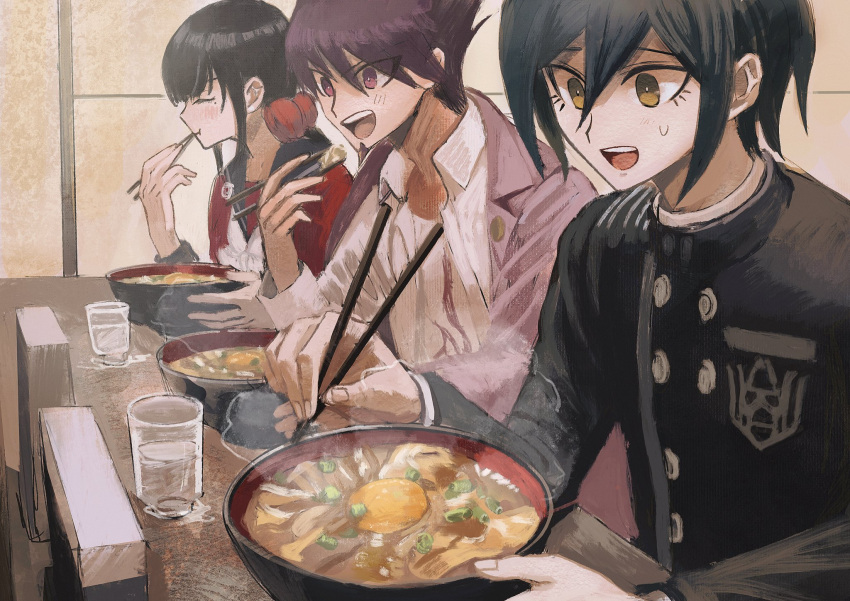 1girl 2boys :d bad_perspective bangs black_hair blush bowl buttons chopsticks closed_eyes collared_shirt commentary_request danganronpa_(series) danganronpa_v3:_killing_harmony double-breasted eating facial_hair food glass goatee harukawa_maki highres holding holding_chopsticks jacket long_hair long_sleeves male_focus mole mole_under_eye momota_kaito multiple_boys noodles open_mouth pink_jacket print_shirt profile purple_hair ramen red_scrunchie saihara_shuuichi scrunchie shirt short_sleeves sitting smile sweatdrop upper_teeth visket53 water white_shirt yellow_eyes