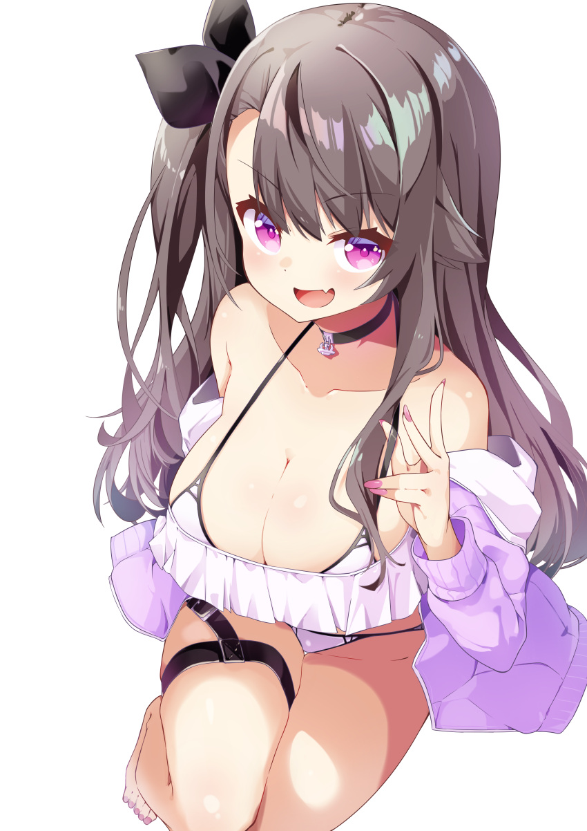 1girl absurdres alternate_costume azur_lane bangs bare_shoulders bikini bikini_pull black_choker black_hair blush breasts choker cleavage clothes_pull collarbone commentary_request eyebrows eyebrows_visible_through_hair fang full_body hair_ribbon hand_in_bikini head_tilt highres jacket large_breasts leer.meer long_hair looking_at_viewer nail_polish one_side_up open_mouth pamiat_merkuria_(azur_lane) pink_jacket pink_nails ponytail purple_eyes ribbon shiny shiny_hair side_ponytail sidelocks skin_fang smile solo strap swimsuit thigh_strap toenail_polish toenails transparent_background white_bikini