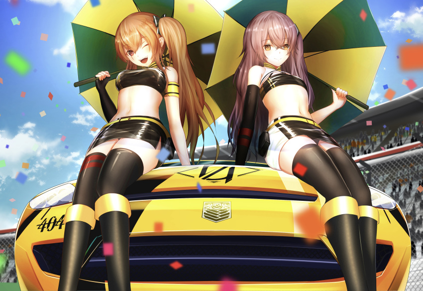 2girls absurdres black_gloves black_legwear black_tank_top breasts brown_eyes brown_hair car closed_mouth elbow_gloves eyebrows_visible_through_hair fingerless_gloves from_below girls'_frontline gloves ground_vehicle guchagucha highres holding holding_umbrella long_hair looking_at_viewer medium_breasts motor_vehicle multiple_girls navel one_eye_closed open_mouth race_queen race_vehicle red_eyes scar scar_across_eye single_glove sitting small_breasts smile tank_top thighhighs twintails umbrella ump45_(girls'_frontline) ump9_(girls'_frontline)
