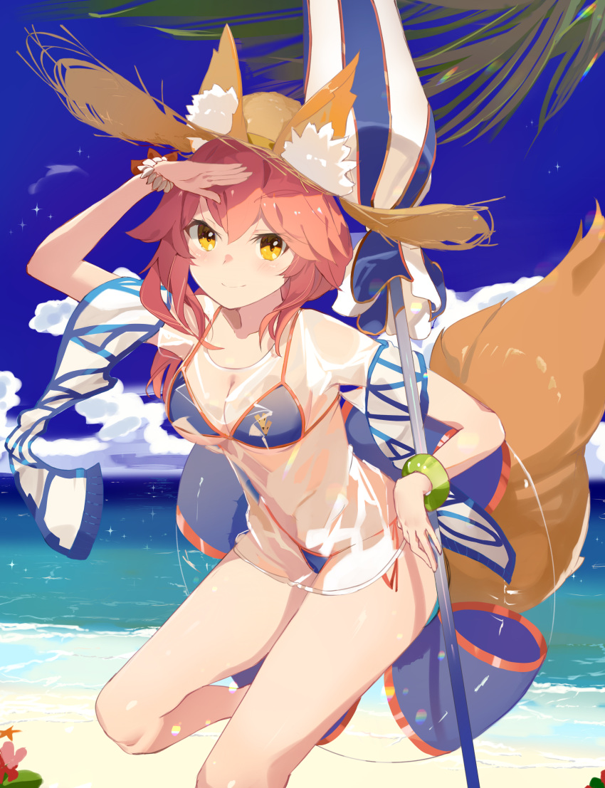 1girl absurdres animal_ear_fluff animal_ears bangs bikini blush bracelet breasts brown_eyes fang fate/grand_order fate_(series) fox_ears fox_girl fox_tail hat highres jewelry large_breasts long_hair navel open_mouth pink_hair same_(sendai623) see-through shirt side-tie_bikini simple_background skin_fang stomach straw_hat sun_hat swimsuit tail tamamo_(fate)_(all) tamamo_no_mae_(swimsuit_lancer)_(fate) thighs underboob water wet wet_clothes wet_shirt