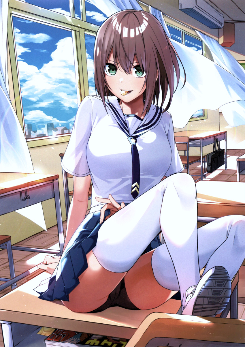 1girl absurdres air_conditioner brown_hair chicke_iii classroom condom condom_wrapper day desk green_eyes highres indoors looking_at_viewer mouth_hold on_desk original scan school_uniform serafuku shorts shorts_under_skirt sitting sitting_on_desk solo thighhighs toranoana underskirt white_footwear white_legwear wind