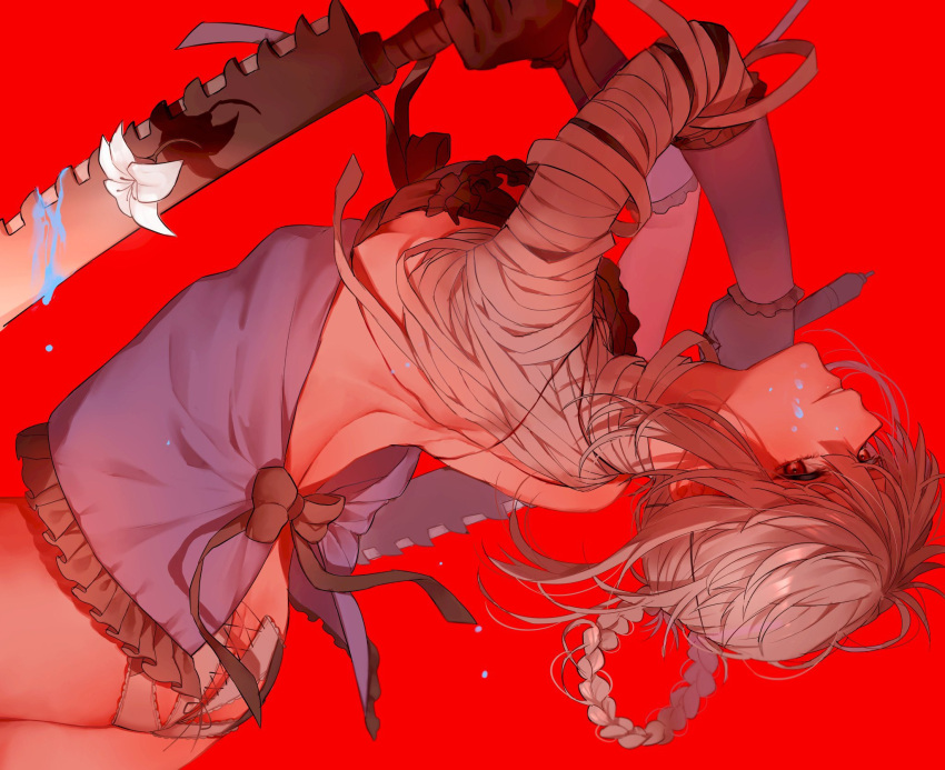 backless_outfit bandaged_arm bandages black_bow black_gloves bow braid cross-laced_clothes cross-laced_panties detached_sleeves dual_wielding funa2001 gloves highres holding holding_sword holding_weapon kaine_(nier) lingerie loose_bandages lunar_tear negligee nier nier_(series) panties red_background red_eyes silver_hair simple_background sword underwear weapon white_panties