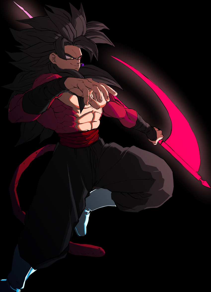 1boy abs absurdres alternate_hair_length alternate_hairstyle arm_wrap baggy_pants bare_pectorals black_background black_hair black_pants blue_footwear boots closed_mouth commentary copyright_request dragon_ball earrings english_commentary foot_out_of_frame glowing glowing_weapon goku_black highres holding holding_scythe holding_weapon jewelry leg_up long_hair male_focus monkey_tail muscular muscular_male pants pectorals potara_earrings red_sash sash scythe simple_background single_earring smirk solo super_saiyan super_saiyan_4 tail weapon yellow_eyes zequung