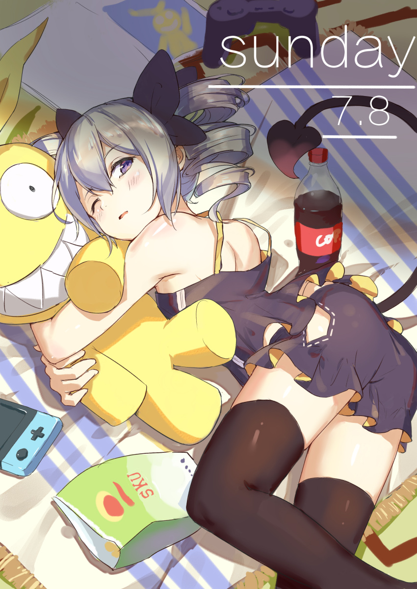 1girl :o absurdres ass bangs bed bed_sheet black_dress black_legwear bronya_zaychik chips controller demon_tail doll doll_hug dress drill_hair food grey_eyes grey_hair highres homu_(honkai_impact) honkai_(series) honkai_impact_3rd lying nintendo_switch on_side one_eye_closed open_mouth soda_bottle solo tail thighhighs twin_drills yu_xiu