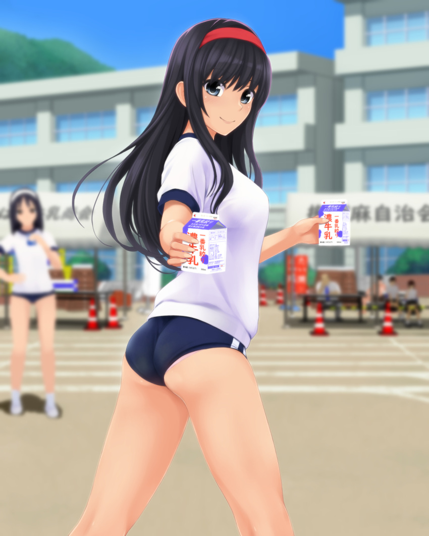 1boy 2girls 3others ass black_hair blue_buruma blue_eyes breasts building buruma from_behind gym_uniform hairband hand_on_hip highres legs long_hair looking_back milk milk_carton multiple_girls multiple_others nonaka_ritsu original outdoors panties panties_under_buruma panty_peek pink_panties running_track school shirt short_sleeves smile sports_festival thighs underwear white_shirt