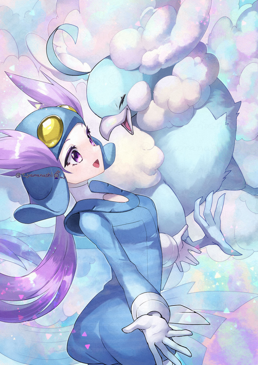 1girl altaria breasts commentary_request eyelashes gen_3_pokemon gloves gym_leader helmet highres long_hair long_sleeves mega_altaria mega_pokemon open_mouth pilot_suit pokemon pokemon_(creature) pokemon_(game) pokemon_oras ponytail purple_eyes purple_hair shiny shiny_hair smile tongue white_gloves winona_(pokemon) yamanashi_taiki