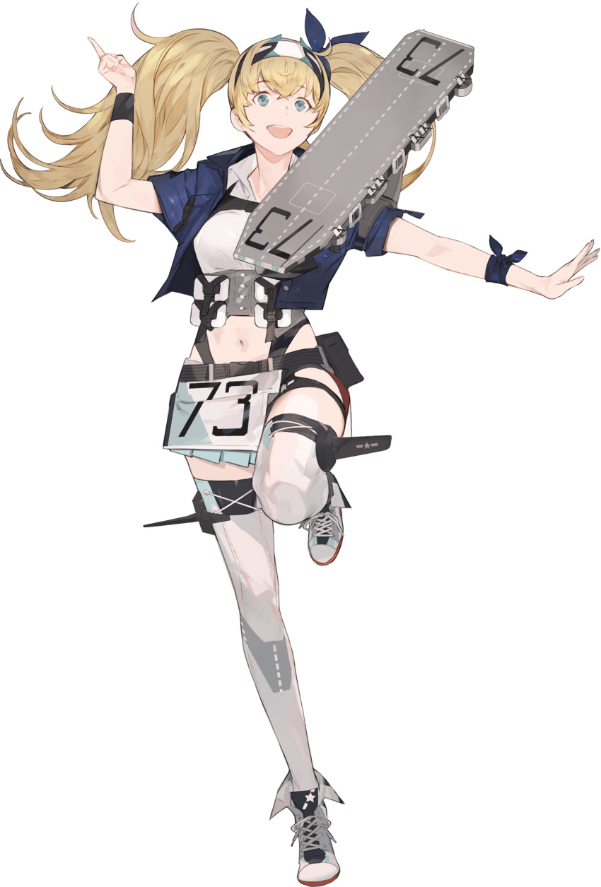 1girl akira_(kadokawa) belt blonde_hair blue_eyes breast_pocket breasts collared_shirt flight_deck full_body gambier_bay_(kancolle) hairband highres kantai_collection large_breasts machinery official_art open_mouth outstretched_arm pocket remodel_(kantai_collection) shirt smile thighhighs transparent_background twintails white_legwear