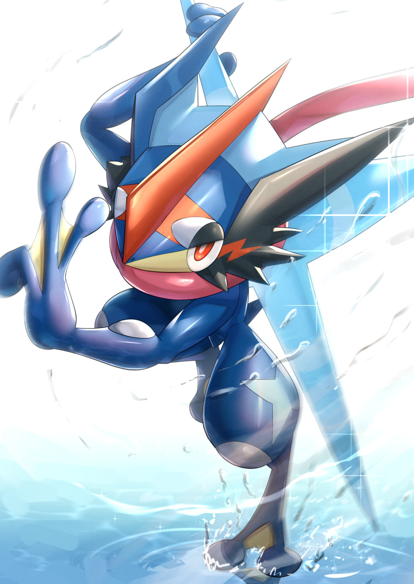 absurdres arm_up ash-greninja bright_pupils commentary_request gen_6_pokemon gonzarez greninja hand_up highres holding pokemon pokemon_(creature) red_eyes shuriken solo sparkle water white_pupils