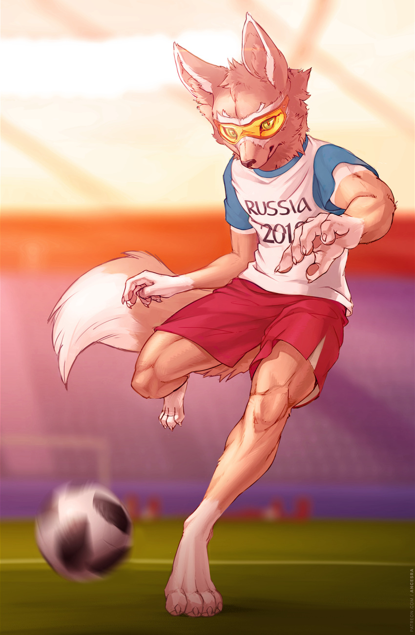 1boy 2018_fifa_world_cup ancesra animal_ears animal_nose artist_name ball barefoot blue_shirt blurry blurry_background body_fur brown_fur claws closed_mouth clothes_writing commentary day english_commentary english_text fox_boy fox_ears fox_tail furry grass green_eyes hands_up highres indoors kicking leg_up looking_at_viewer male_focus motion_blur orange-framed_eyewear orange-tinted_eyewear patreon_username pawpads paws red_pupils red_shorts shirt short_sleeves shorts snout soccer soccer_ball soccer_field soccer_uniform solo sportswear stadium standing standing_on_one_leg sunglasses sunset tail toned toned_male two-tone_fur v-shaped_eyebrows vest watermark web_address white_fur white_vest world_cup zabivaka