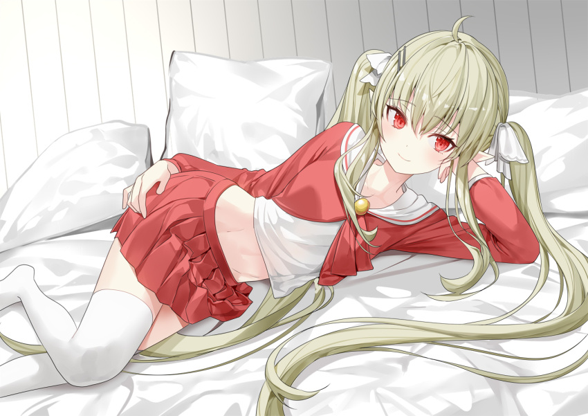 1girl ahoge closed_mouth collared_shirt crop_top green_hair groin hair_ornament hair_ribbon hairclip long_hair long_sleeves looking_at_viewer lying midriff miniskirt navel no_shoes on_bed on_side original pillow pleated_skirt pointy_ears red_eyes red_shirt red_skirt ribbon ronopu shirt sidelocks skirt smile solo stomach thighhighs very_long_hair white_legwear white_shirt zettai_ryouiki