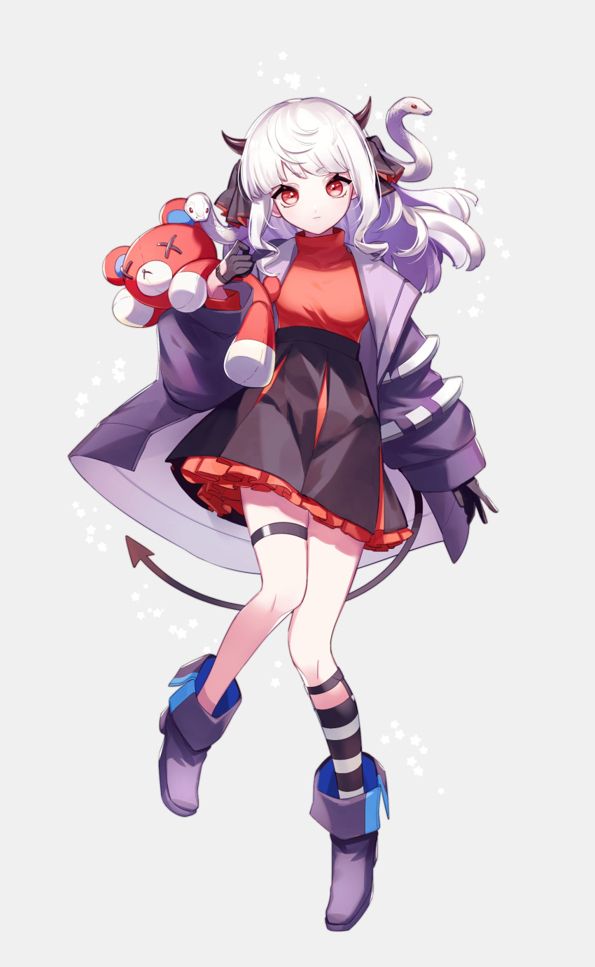 1girl absurdres bangs black_gloves closed_mouth collared_shirt demon_girl floating full_body geta_(epicure_no12) gloves highres horns long_hair long_sleeves looking_at_viewer original red_eyes shirt snake solo striped striped_legwear stuffed_animal stuffed_toy tail white_hair
