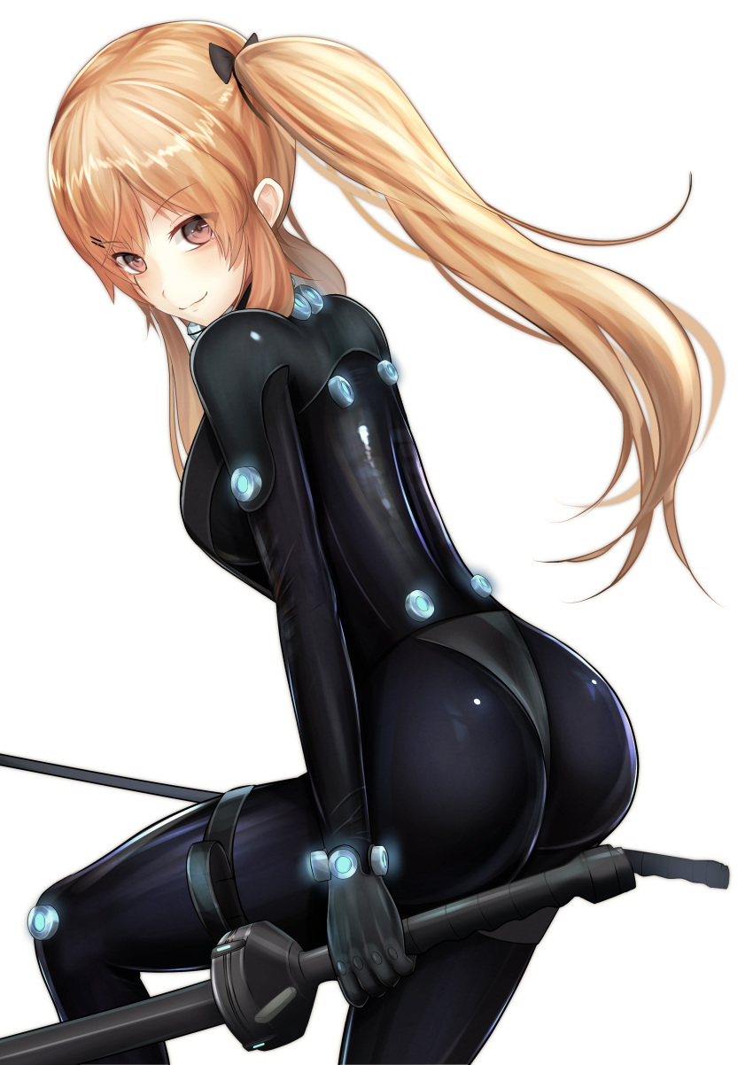 1girl absurdres alternate_costume ass bangs black_bodysuit black_bow bodysuit bow breasts brown_eyes brown_hair closed_mouth eyebrows_visible_through_hair feet_out_of_frame gantz gantz_suit girls'_frontline guchagucha hair_bow highres latex_bodysuit long_hair looking_at_viewer looking_back medium_breasts neon_lights scar scar_across_eye skin_tight smile solo standing twintails ump9_(girls'_frontline) white_background