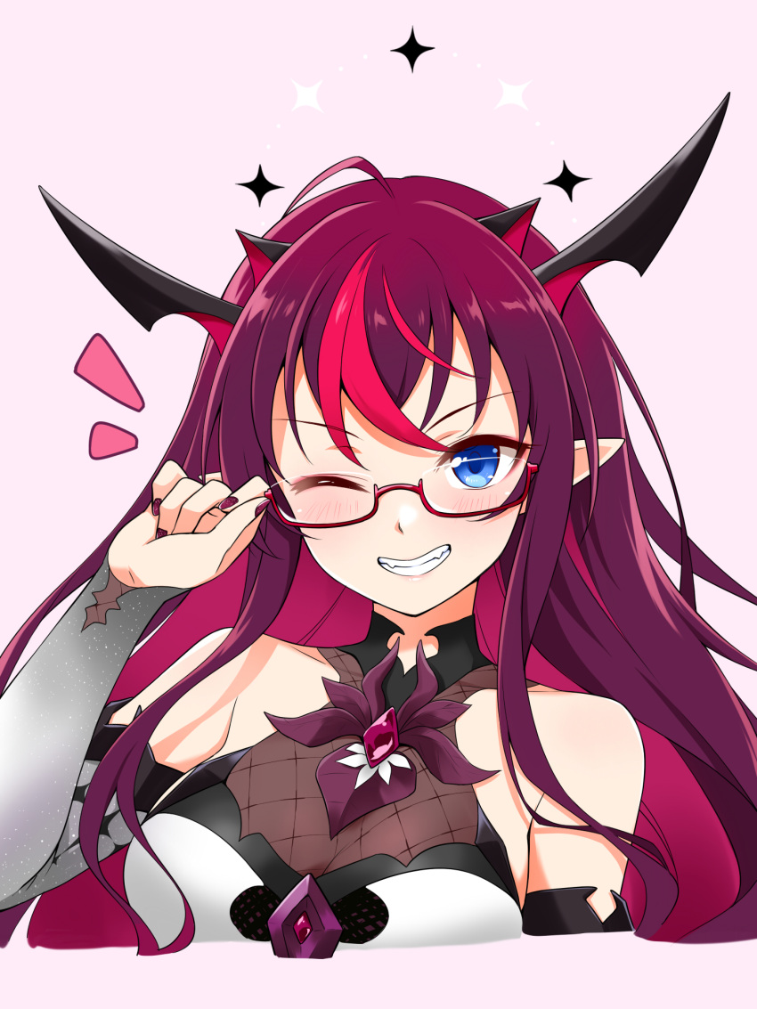 1girl adjusting_eyewear ahoge bespectacled blue_eyes blush breasts commentary cropped_torso demon_horns detached_sleeves dress english_commentary eyebrows_visible_through_hair felutiahime glasses glitter grin halo highres hololive hololive_english horns irys_(hololive) long_hair looking_at_viewer medium_breasts multicolored_hair nail_polish notice_lines one_eye_closed parted_lips pink_hair pointy_ears purple_hair purple_nails red-framed_eyewear semi-rimless_eyewear simple_background smile solo streaked_hair upper_body virtual_youtuber white_dress