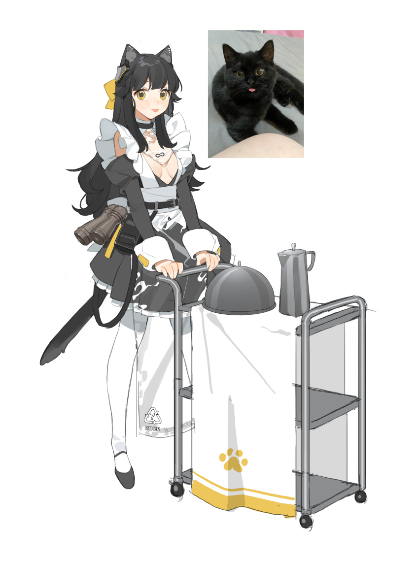 1girl absurdres animal_ears apron bahao_diqiu bangs belt black_dress black_footwear black_hair blush bow breasts cat cat_ears cat_tail cleavage cleavage_cutout clothing_cutout commentary detached_sleeves dress full_body hair_bow highres long_hair long_sleeves looking_at_viewer maid_apron medium_breasts original pantyhose petticoat photo_(medium) pitcher reference_photo_inset revealing_clothes salt_shaker serving_cart simple_background solo standing tail tongue tongue_out white_background white_legwear yellow_bow yellow_eyes