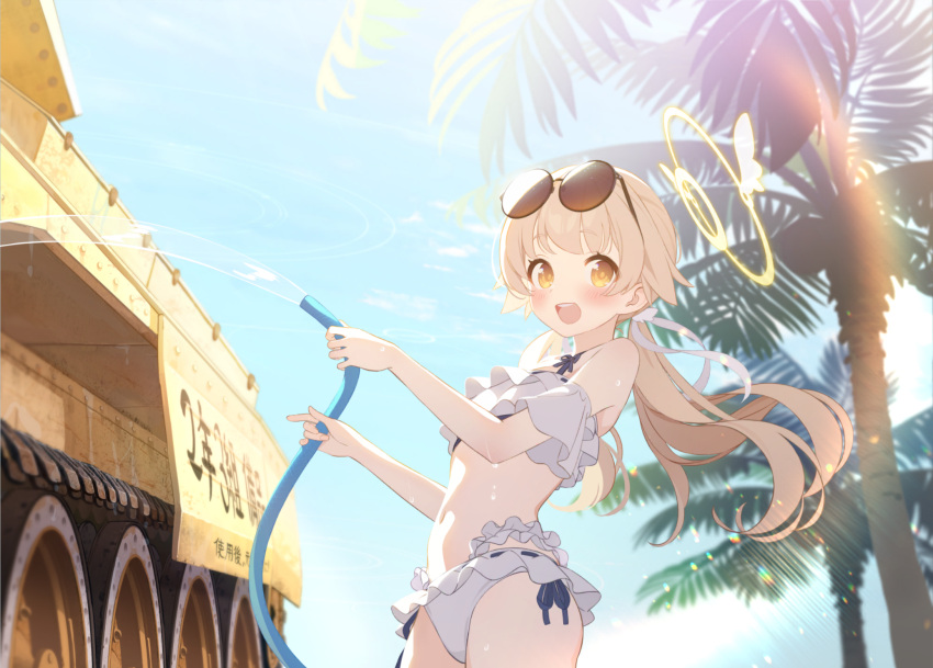 1girl blue_archive crusader_(tank) ground_vehicle halo hifumi_(blue_archive) highres hose lens_flare light_brown_hair long_hair looking_at_viewer low_twintails military military_vehicle motor_vehicle official_alternate_costume official_art palm_tree sky solo swimsuit tank tree twintails water wet yellow_eyes