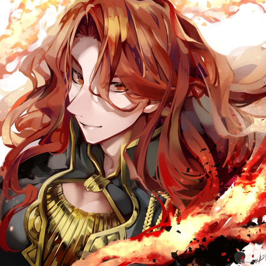 1boy alvis_(fire_emblem) fire fire_emblem fire_emblem:_genealogy_of_the_holy_war gold_trim highres kandori_makoto long_hair looking_at_viewer male_focus red_eyes red_hair solo