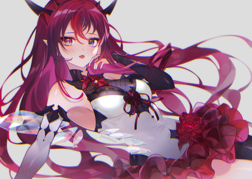 1girl 2nii armpits bangs bridal_gauntlets heterochromia hololive hololive_english horns irys_(hololive) long_hair looking_at_viewer open_clothes open_shirt pointy_ears purple_eyes purple_hair simple_background solo symbol_commentary virtual_youtuber white_background