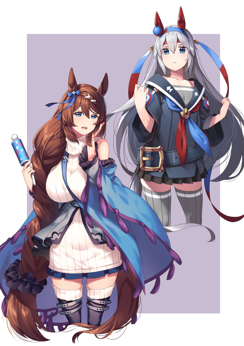 2girls absurdres between_breasts blue_bow blue_eyes blue_hairband bow braid braided_ponytail breasts cowboy_shot ear_bow ear_covers ear_ornament ear_ribbon grey_legwear hair_between_eyes hairband headband hiememiko highres horse_girl long_hair looking_at_viewer multiple_girls pleated_skirt rattle red_headband ribbed_legwear sailor_collar sailor_shirt shirt silver_hair skirt sleeveless_sweater strap_between_breasts super_creek_(umamusume) sweater tamamo_cross_(umamusume) thighhighs umamusume white_sweater