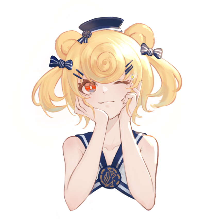 1girl animal_ears arknights bare_arms bear_ears blonde_hair blue_bow blue_headwear blue_shirt bow closed_mouth collarbone commentary_request cropped_torso gummy_(arknights) gummy_(summer_flowers)_(arknights) hair_bow hair_ornament hairclip hands_on_own_face hat highres looking_at_viewer mini_hat nekonomi official_alternate_costume one_eye_closed red_eyes shirt short_hair simple_background sleeveless sleeveless_shirt smile solo sparkle upper_body white_background