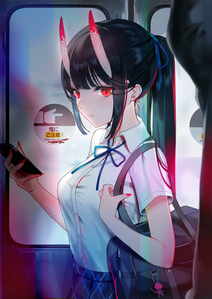 1girl absurdres bag bangs black_hair blue_neckwear blue_ribbon carrying cellphone cellphone_strap closed_mouth commentary day dress_shirt fingernails hair_ribbon highres holding holding_phone horns long_hair looking_at_viewer nail_polish neck_ribbon nekoyashiki_pushio oni oni_horns original phone ponytail red_eyes red_horns red_nails ribbon school_bag sharp_fingernails shirt short_sleeves sidelocks slit_pupils smartphone solo_focus train_interior translated wing_collar