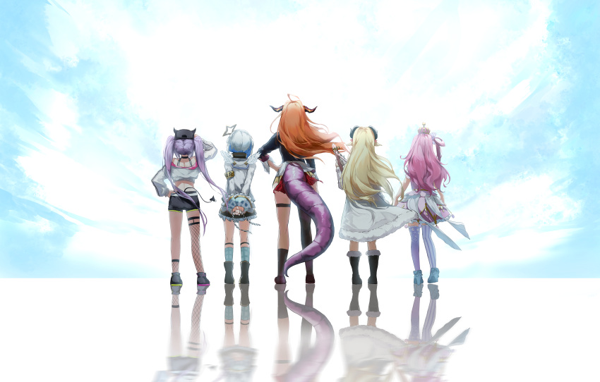 5girls absurdres ahoge amane_kanata angel angel_wings animal_ears armband arms_behind_back asymmetrical_footwear asymmetrical_legwear bare_shoulders bibi_(tokoyami_towa) black_headwear black_jacket black_shorts blonde_hair blue_hair boots bow candy_hair_ornament commentary crown curled_horns demon_girl demon_horns demon_tail dragon_girl dragon_horns dragon_tail dress english_commentary facing_back fake_horns feathered_wings fishnet_legwear fishnets floating_hair food-themed_hair_ornament frilled_dress frills from_behind full_body fur-trimmed_boots fur-trimmed_dress fur_trim hair_ornament hair_rings halo harp highres himemori_luna hip_vent holding holding_instrument holding_ribbon holoforce hololive horn_bow horn_ornament horns huge_filesize instrument jacket kabedoru kiryu_coco long_hair long_sleeves mini_crown miniskirt mismatched_footwear mismatched_legwear multiple_girls orange_hair pink_dress pink_hair pleated_skirt purple_hair red_skirt ribbon sheep_ears sheep_girl sheep_horns short_hair short_shorts shorts side-tie_skirt silver_hair single_thighhigh skirt standing star_halo tail thigh_strap thighhighs tokoyami_towa tsunomaki_watame twintails uneven_legwear virtual_youtuber white_dress white_wings wind wings