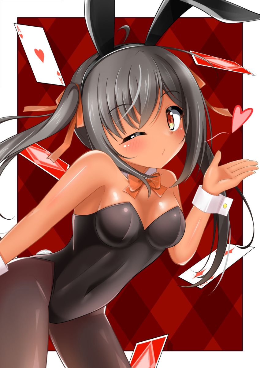 1girl ace_of_hearts animal_ears black_hair black_legwear black_leotard blowing_kiss bow bowtie breasts bunny_ears bunny_tail card commentary_request cowboy_shot dark-skinned_female dark_skin detached_collar highres leaning_forward leotard look-alike looking_at_viewer orange_eyes orange_neckwear original pantyhose peraplus0112 playboy_bunny playing_card small_breasts solo strapless strapless_leotard tail tan twintails wrist_cuffs