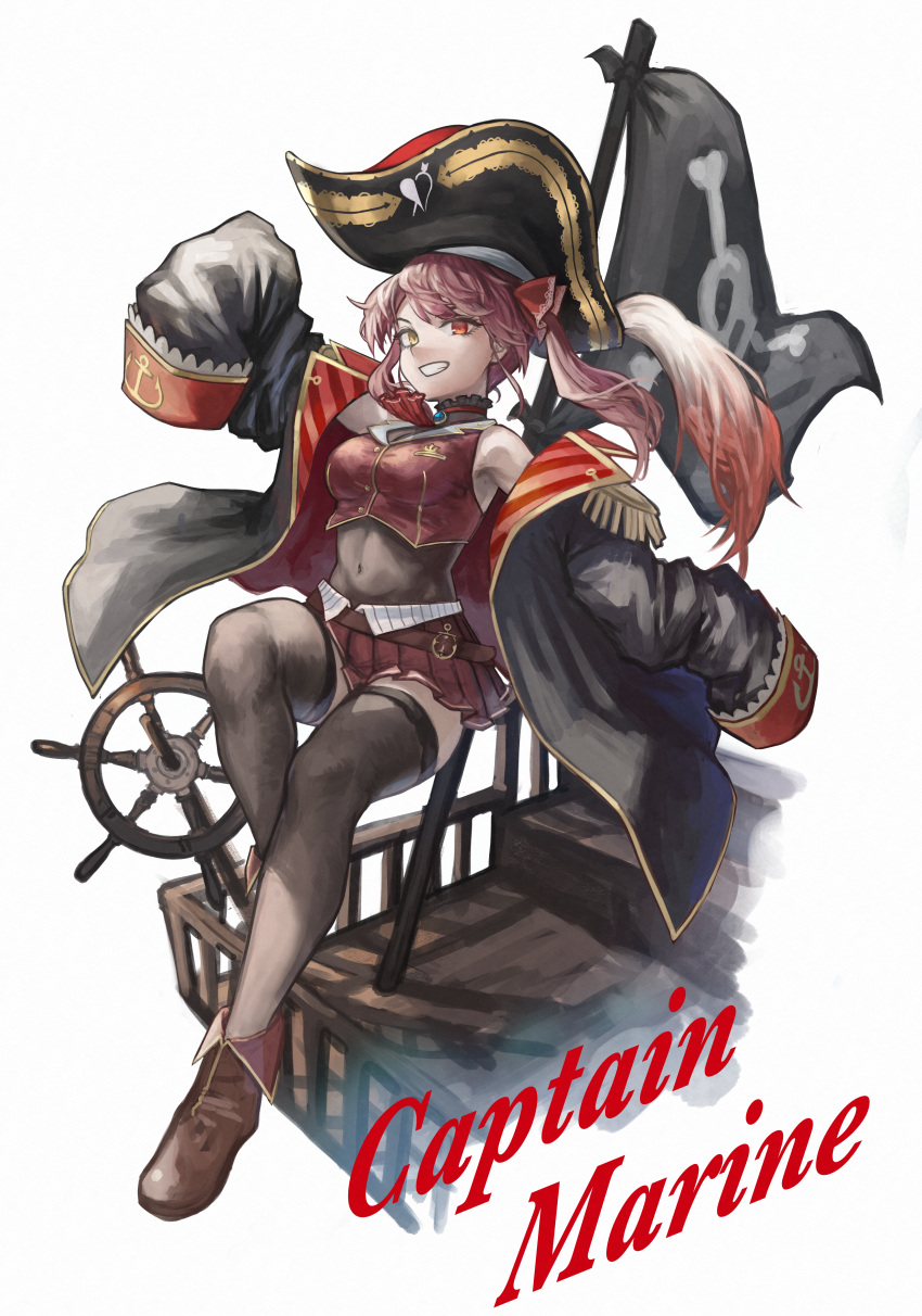 1girl absurdres anchor_symbol belt black_coat black_headwear black_legwear brown_footwear character_name coat covered_navel flag frills hat heterochromia highres hololive houshou_marine huge_filesize looking_at_viewer pirate pirate_hat red_eyes red_skirt seiya_(artist) ship's_wheel simple_background skirt skull skull_print sleeves_past_wrists smile solo stairs teeth thighhighs twintails virtual_youtuber white_background yellow_eyes