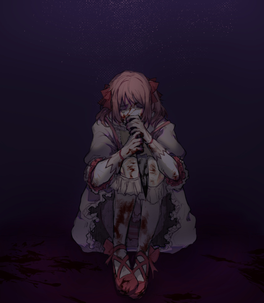 1girl bags_under_eyes ballet_slippers blesseria blood blood_on_face bloody_clothes bloody_weapon bloomers bruise bubble_skirt closed_eyes crying curled_up dark dim_lighting dress feet_together footwear_ribbon frilled_dress frilled_sleeves frills gloves highres holding holding_knife injury kaname_madoka kneehighs knees_on_chest knife magical_girl mahou_shoujo_madoka_magica pigeon-toed pink_hair sad short_hair short_twintails sitting skirt solo twintails underwear weapon weapon_to_mouth white_bloomers white_gloves white_legwear