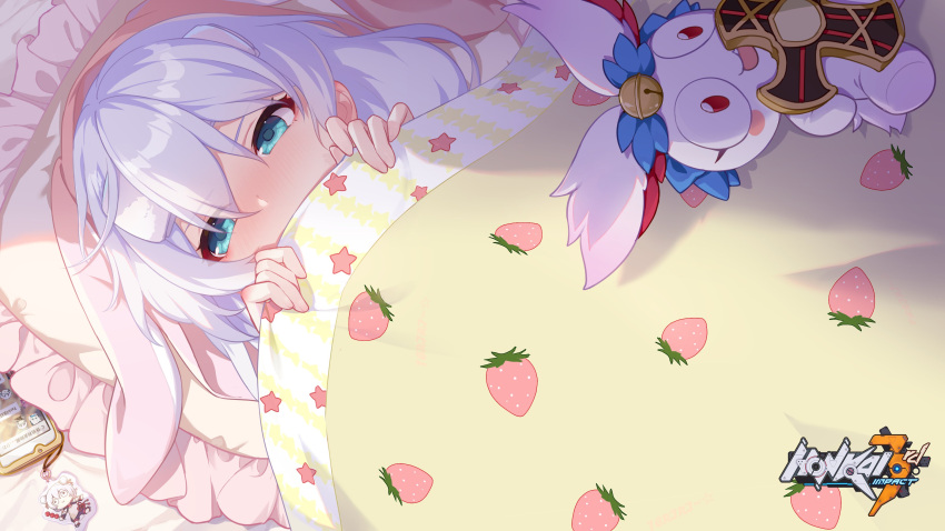 1girl absurdres artist_request bangs bed bed_sheet blue_eyes cellphone covering_mouth doll from_above hair_between_eyes highres homei_(honkai_impact) honkai_(series) honkai_impact_3rd looking_to_the_side official_art pajamas phone pillow shadow sick side_ponytail solo theresa_apocalypse towel towel_on_head white_hair