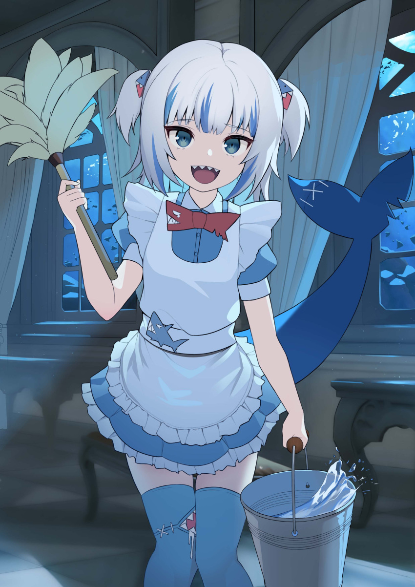 1girl :d absurdres alternate_costume apron bangs belt blue_eyes blue_hair blue_legwear blue_shirt bucket bucket_of_water duster eyebrows_visible_through_hair fish_tail flat_chest frilled_apron frilled_skirt frills gawr_gura hair_between_eyes hair_ornament highres hololive hololive_english indoors looking_at_viewer maid_apron multicolored_hair open_mouth red_neckwear reflector178 shark_girl shark_hair_ornament shark_print shark_tail sharp_teeth shirt short_hair silver_hair skirt smile solo streaked_hair tail teeth thighhighs two_side_up virtual_youtuber white_belt zettai_ryouiki