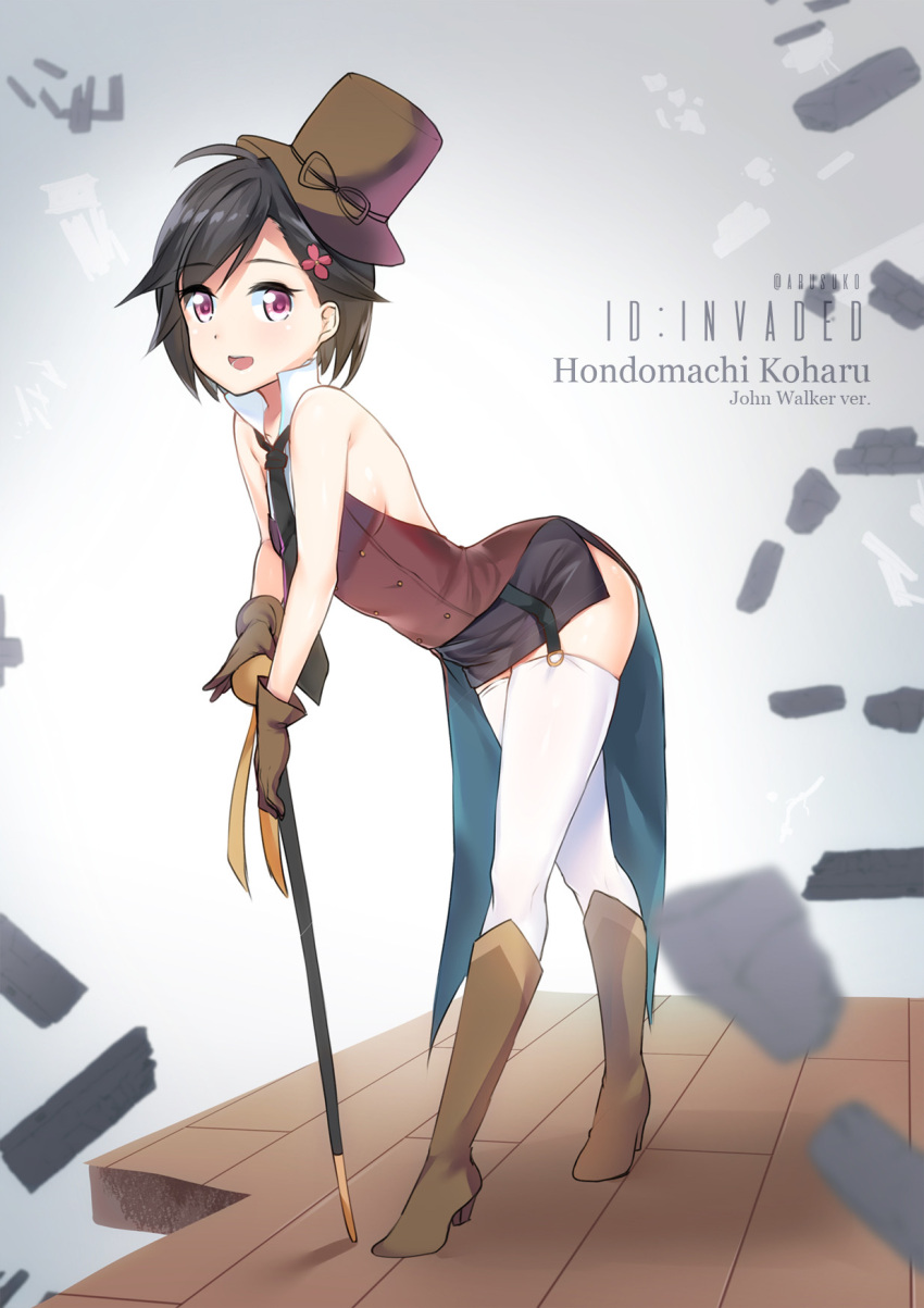 1girl artist_name arusuko black_hair black_neckwear boots breasts brown_footwear brown_headwear cane character_name copyright_name cosplay flower garter_straps grey_background hair_flower hair_ornament high_heel_boots high_heels highres hondoumachi_koharu id_:invaded john_walker john_walker_(cosplay) leaning_forward looking_at_viewer necktie pink_eyes short_hair small_breasts solo standing thigh_boots thighhighs walking_stick white_legwear