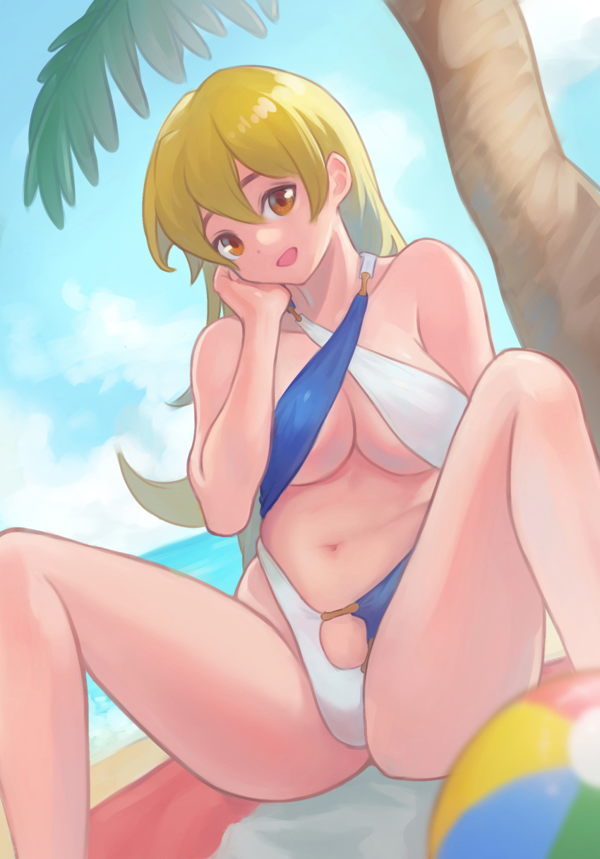 1girl absurdres bangs beach bikini blonde_hair breasts cloud day drelouder happy highres large_breasts long_hair looking_at_viewer navel ocean open_mouth outdoors palm_tree sky smile solo swimsuit tenjouin_asuka tree water yellow_eyes yu-gi-oh!