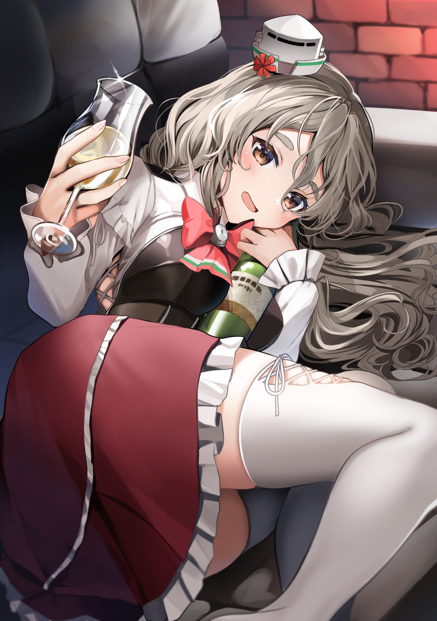 1girl absurdres bottle bow bowtie breasts brown_eyes couch cup cupping_glass drinking_glass frilled_skirt frills grey_hair hat highres holding holding_bottle holding_cup indoors kantai_collection lying medium_breasts mini_hat miniskirt on_couch on_side pola_(kancolle) red_neckwear red_skirt shirt skirt solo thick_eyebrows thighhighs tilted_headwear wavy_hair white_legwear white_shirt wine_bottle wine_glass yunamaro
