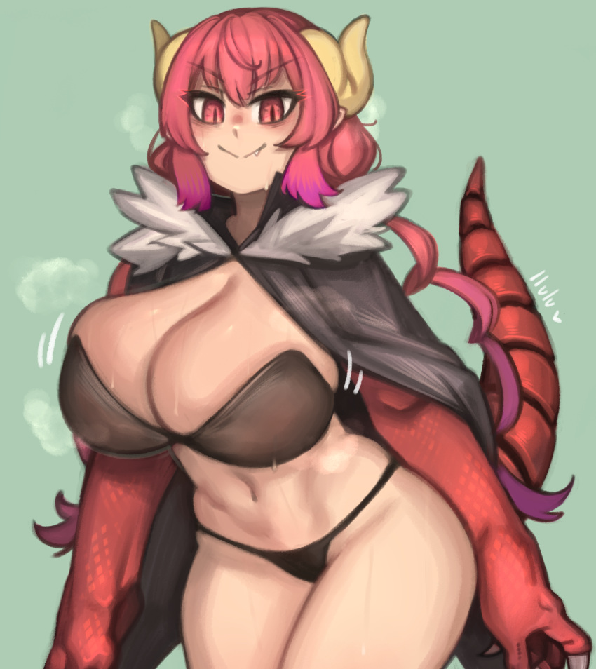 1girl black_cape black_panties breasts cape claws cleavage closed_mouth dragon_girl dragon_tail fang fang_out highres horns huge_breasts ilulu_(maidragon) kelvin_hiu kobayashi-san_chi_no_maidragon long_hair looking_down multicolored_hair navel panties purple_hair red_hair scales slit_pupils smile solo sweatdrop tail twintails underwear v-shaped_eyebrows