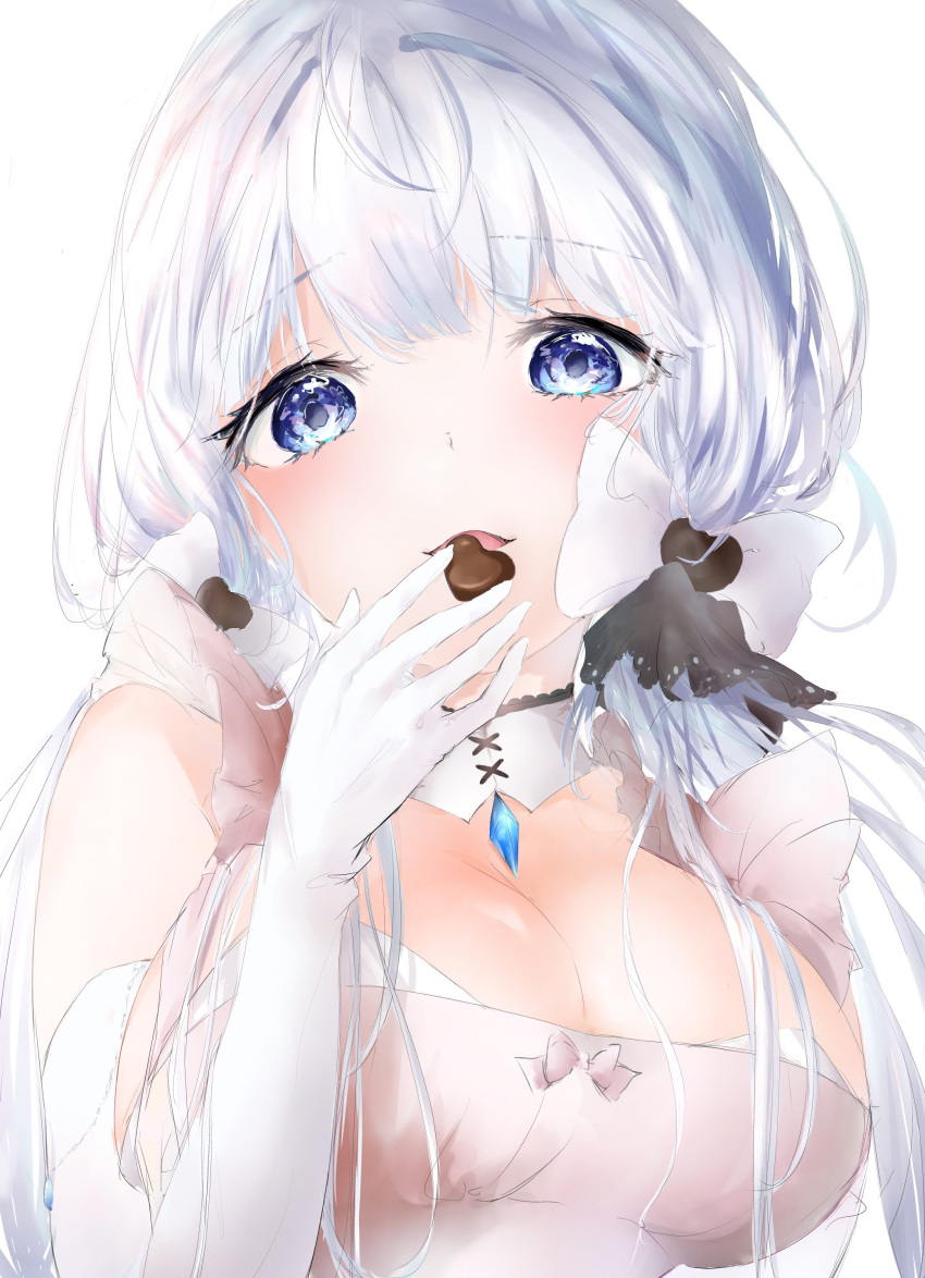 1girl absurdres azur_lane blue_eyes bow breasts candy chocolate chocolate_heart cleavage detached_collar elbow_gloves food gloves hair_ribbon heart highres illustrious_(azur_lane) large_breasts long_hair looking_at_viewer ribbon sapphire_(gemstone) solo sutaa upper_body white_background white_bow white_gloves white_hair