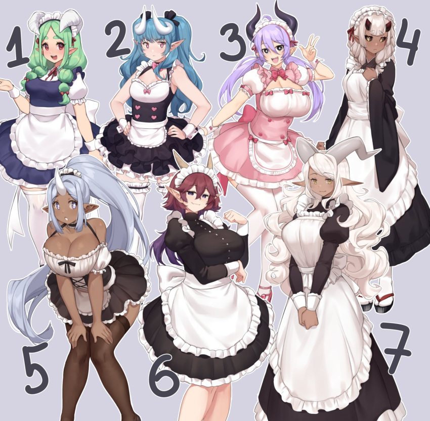 6+girls :d :o arm_under_breasts bangs black_eyes black_legwear black_ribbon black_sclera blue_hair breasts brown_hair cleavage cleavage_cutout clothing_cutout colored_sclera commentary curly_hair dark-skinned_female dark_skin detached_sleeves english_commentary eyebrows_visible_through_hair frills green_hair grey_background grey_hair hair_between_eyes hair_ribbon hand_on_hip hands_on_own_knees highres horns iwbitu-sa juliet_sleeves large_breasts leg_garter long_sleeves looking_at_viewer low_twintails maid maid_headdress medium_breasts multiple_girls open_mouth original outline pink_eyes pointy_ears puffy_detached_sleeves puffy_short_sleeves puffy_sleeves purple_hair red_eyes ribbon short_sleeves simple_background single_horn small_breasts smile thighhighs twintails v_arms wa_maid white_hair white_legwear white_outline wide_sleeves wrist_cuffs yellow_eyes