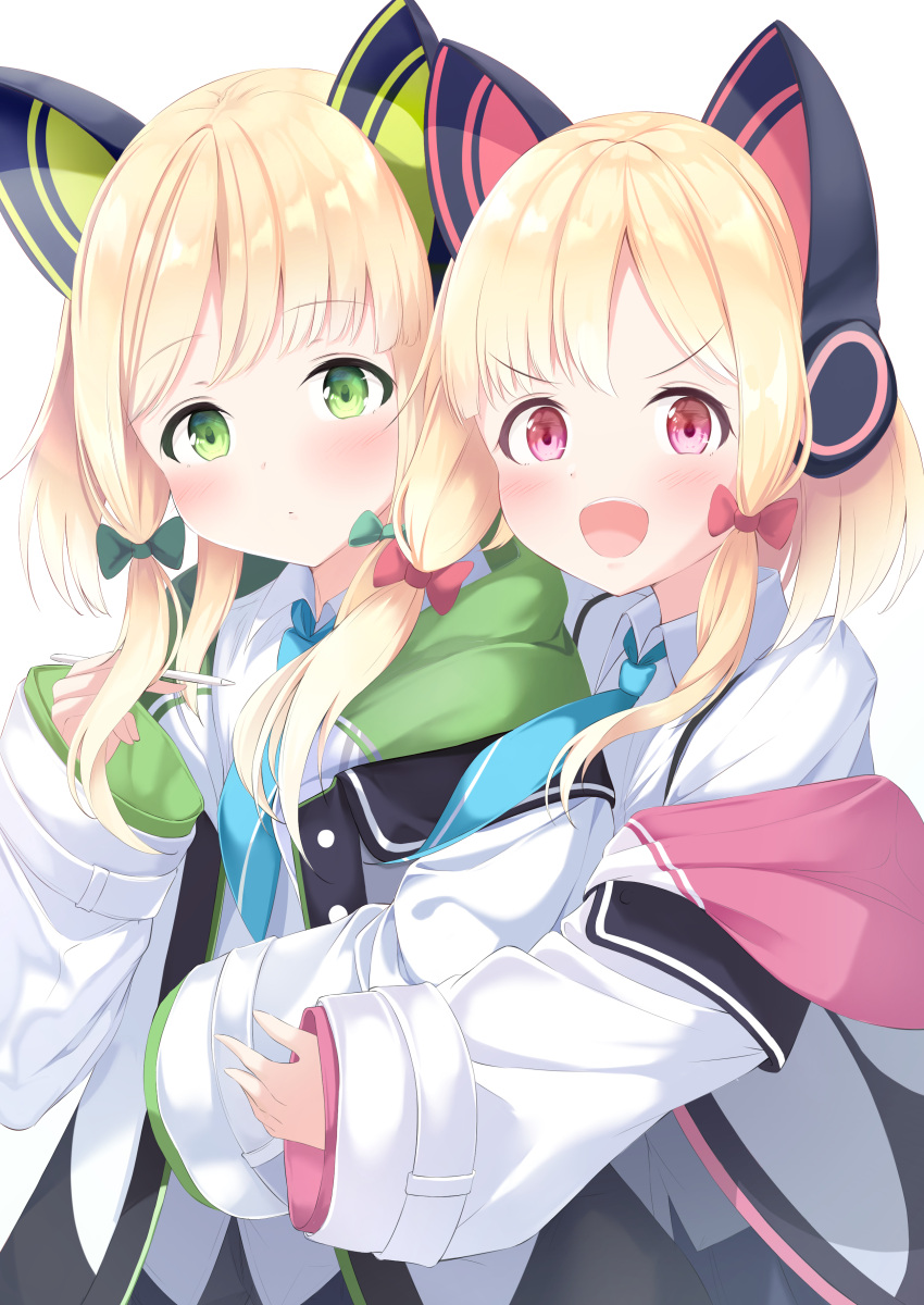 2girls :d absurdres aqua_neckwear blonde_hair blue_archive bow collared_shirt commentary_request dot_mouth emimeku eyebrows_visible_through_hair green_bow green_eyes hair_bow highres holding holding_pencil long_hair long_sleeves looking_at_viewer midori_(blue_archive) momoi_(blue_archive) multiple_girls necktie open_mouth pencil red_bow red_eyes shirt smile v-shaped_eyebrows white_background white_shirt