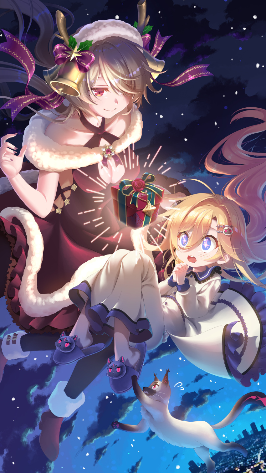 +_+ 2girls :o absurdres antenna_hair bangs bare_shoulders bianka_durandal_ataegina blonde_hair blue_eyes breasts brown_hair cat christmas christmas_present city city_lights cityscape cleavage closed_mouth dress floating full_body glowing hair_between_eyes hair_ornament hair_over_one_eye highres honkai_(series) honkai_impact_3rd long_hair multiple_girls nail_polish night night_sky open_mouth pajamas purple_eyes purple_nails red_dress rita_rossweisse ryuji_nogito sky smile star_(sky) surprised twintails younger