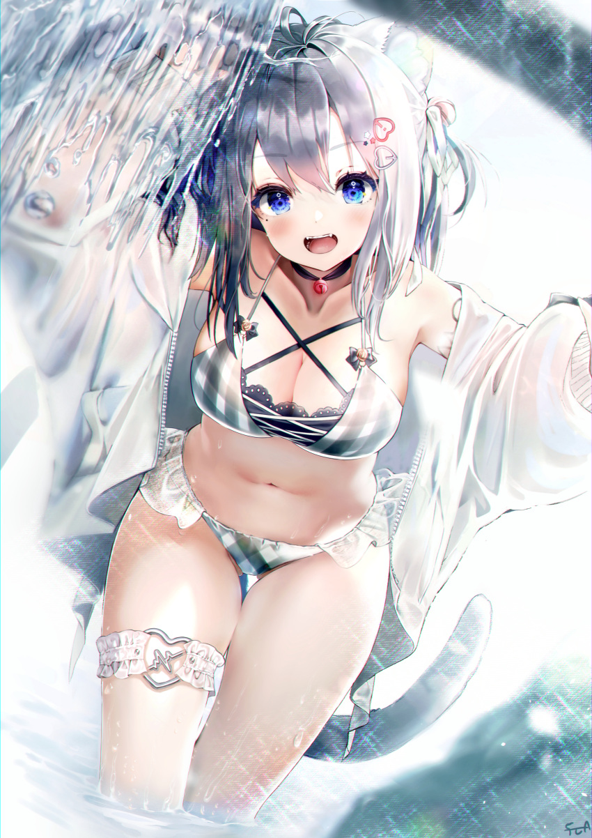 animal_ears bikini garter nekomimi open_shirt rasukii_(pamiton) see_through swimsuits tail wet wet_clothes