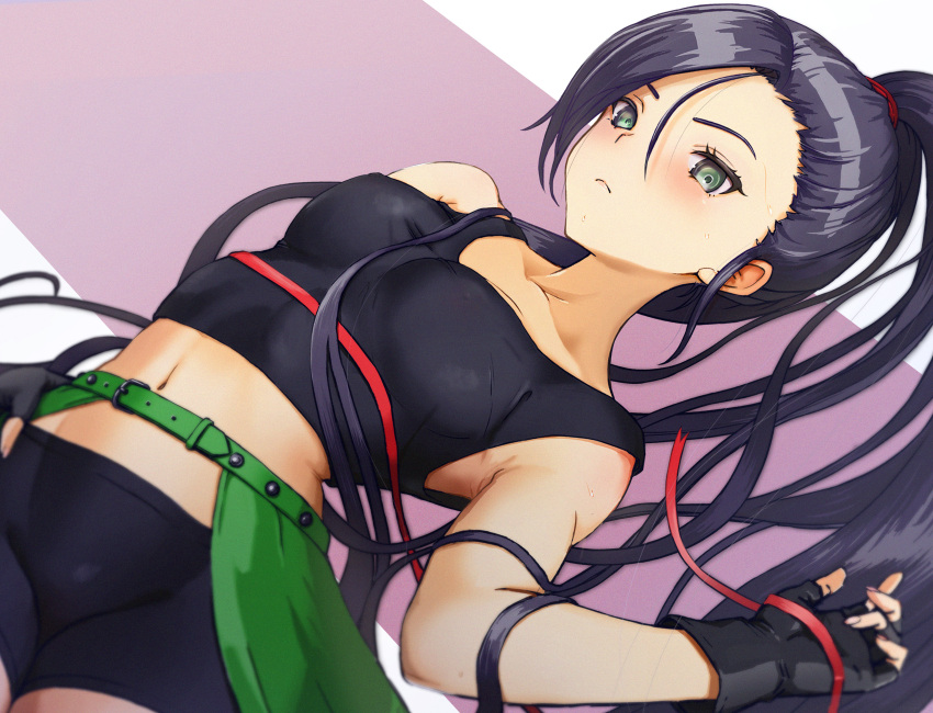 1girl absurdres bangs bike_shorts black_gloves black_hair black_shorts black_tank_top breasts cleavage closed_mouth crop_top dragon_quest dragon_quest_xi fingerless_gloves floating_hair frown gloves green_eyes hair_between_eyes hair_ornament highres long_hair lying martina_(dq11) medium_breasts midriff navel on_back ponytail red_ribbon ribbon sasasa_r_23 shiny shiny_hair short_shorts shorts solo stomach tank_top very_long_hair