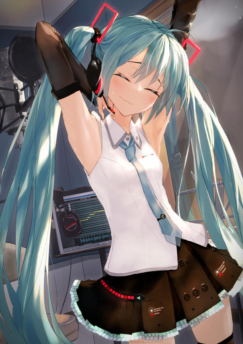 1girl absurdres ahoge aqua_hair aqua_neckwear armpits arms_up bangs bare_shoulders black_skirt blush chamu_(chammkue) closed_eyes closed_mouth collared_shirt commentary_request cowboy_shot eyebrows_behind_hair hair_ornament hatsune_miku headphones highres long_hair microphone monitor necktie shirt skirt smile solo standing stretch twintails very_long_hair vocaloid white_shirt