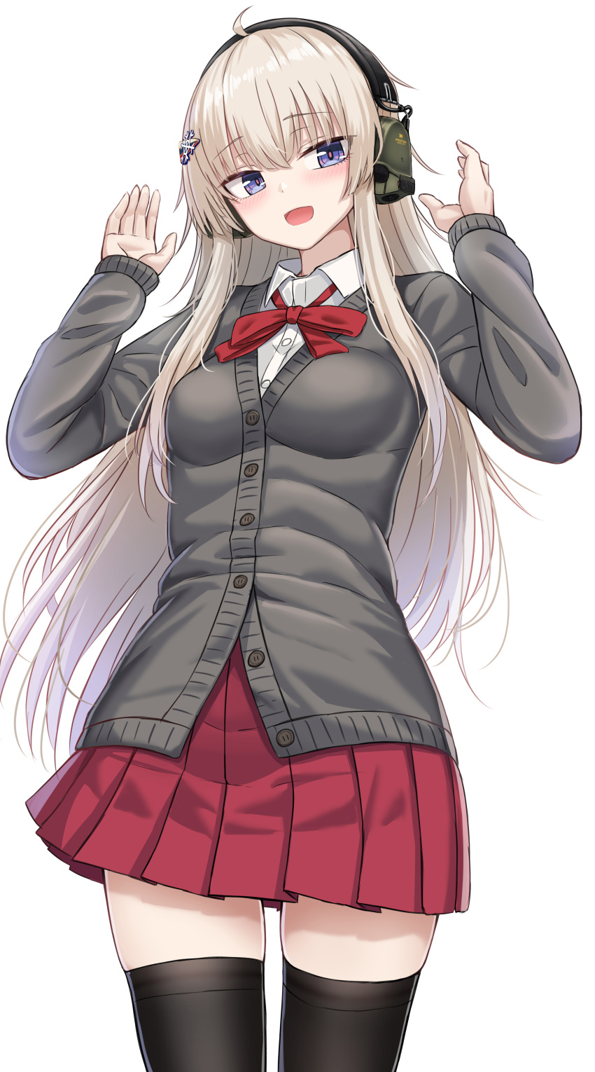 1girl :d absurdres ahoge ak-74m_(girls'_frontline)_(rabochicken) bangs black_legwear blonde_hair blue_eyes blue_hair blush bow breasts cardigan collared_shirt dress_shirt ear_protection eyebrows_visible_through_hair girls'_frontline grey_cardigan hair_between_eyes hands_up headphones highres long_hair long_sleeves looking_at_viewer medium_breasts open_mouth original pleated_skirt red_bow red_skirt school_uniform shirt simple_background skindentation skirt sleeves_past_wrists smile solo thighhighs very_long_hair white_background white_shirt yakob_labo zettai_ryouiki