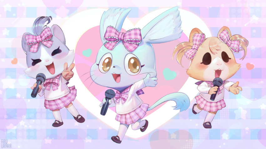 3girls absurdres aggressive_retsuko animal_ears animal_nose blush bow chinchillla closed_eyes dancing eyelashes full_body furry heart highres inuki_(aruurara) looking_at_viewer microphone multiple_girls music open_mouth pastel_colors patterned_clothing pointy_ears pose reaching_out sanrio shoes singing skirt smile tail thighhighs